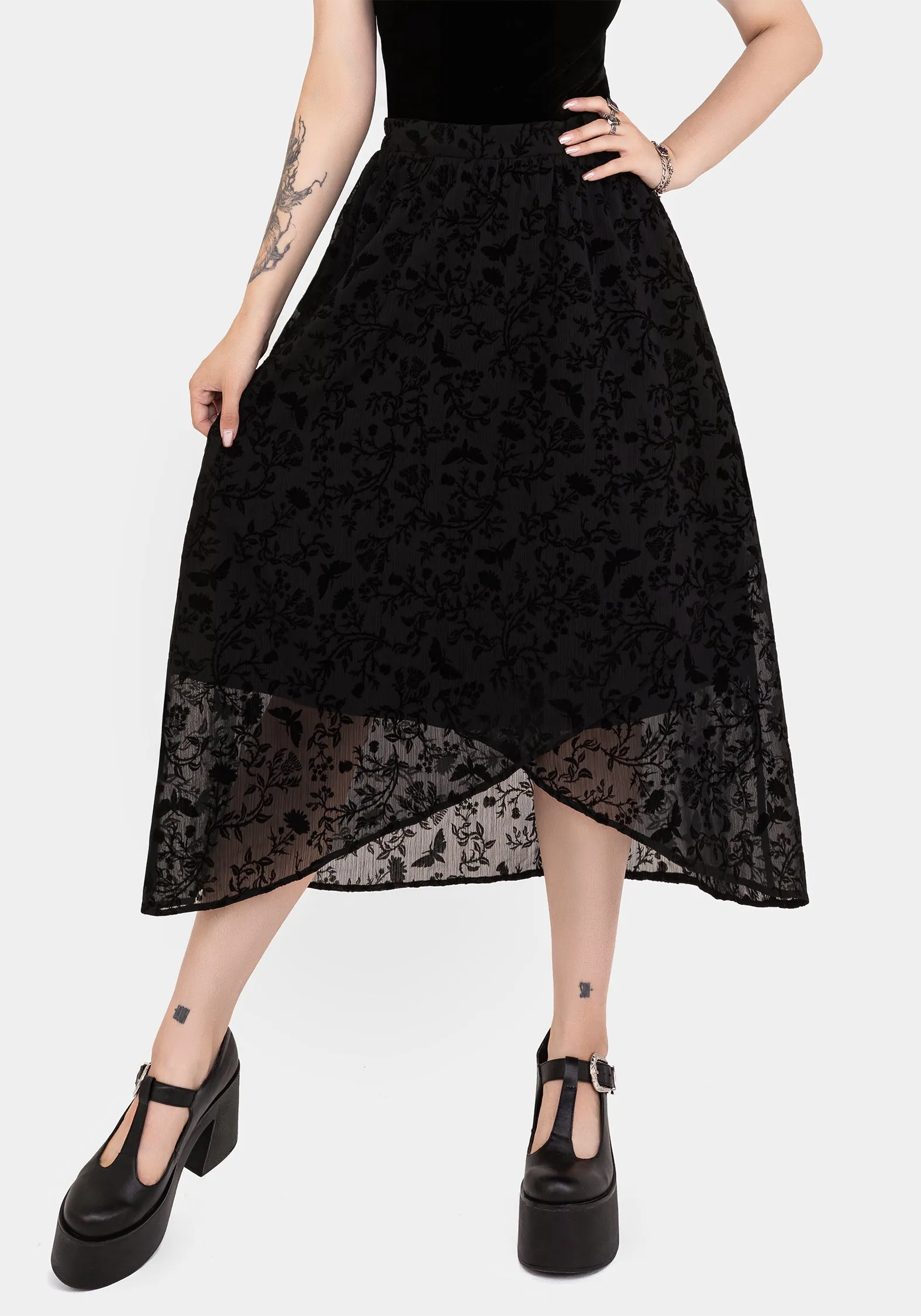 Flexible Material Faustina Flocked Chiffon Mock Wrap Midaxi Skirt