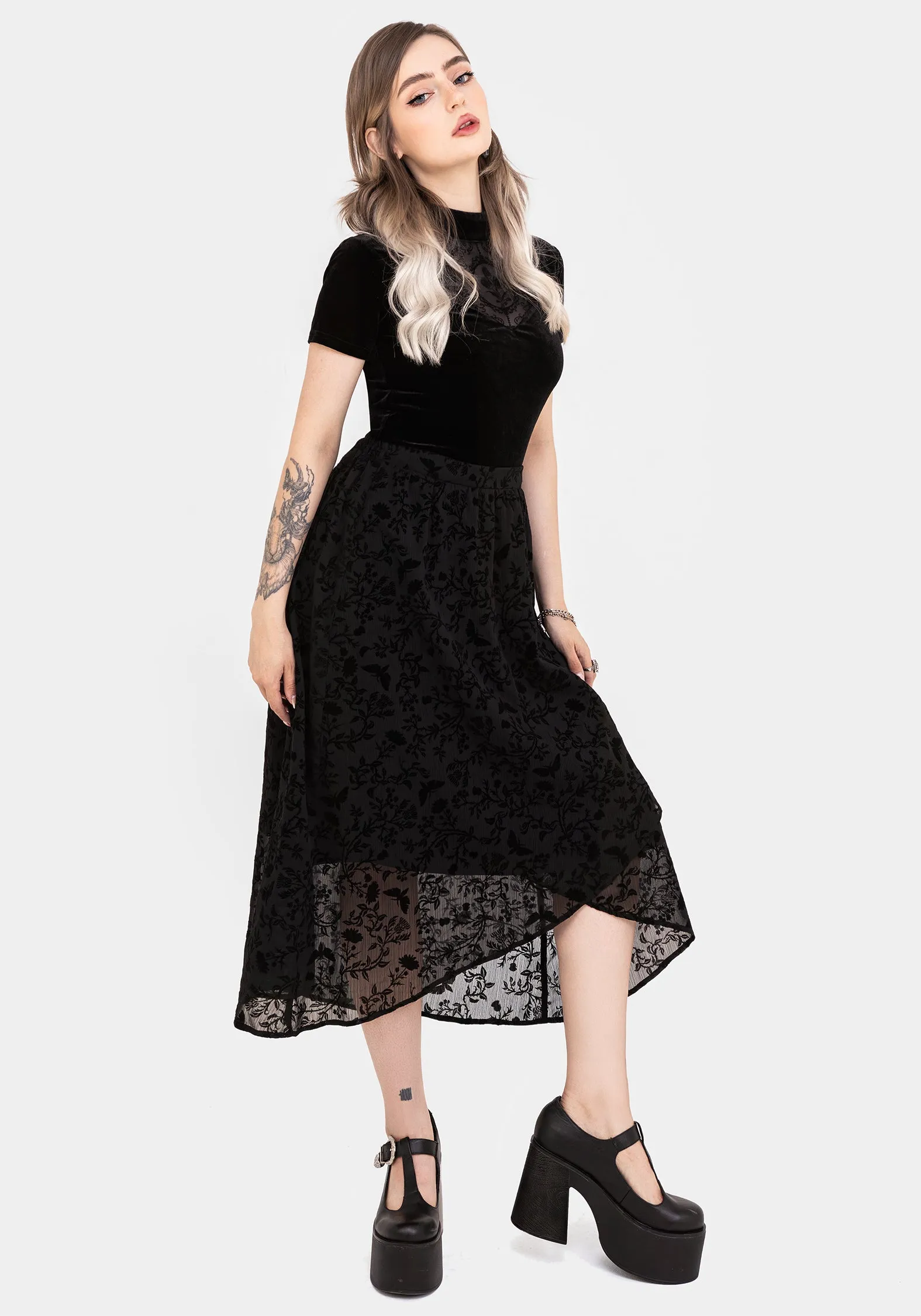 Chafe Resistant Faustina Flocked Chiffon Mock Wrap Midaxi Skirt