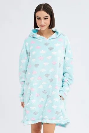 Green Cloud Print Cosy Blanket Hoodie PJ Vacation Style