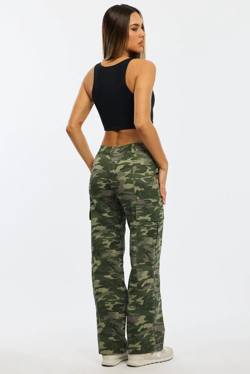 NonBindingWaistline Mid-rise fit Green Print Cargo Pants Mid Rise