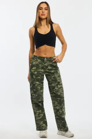 Green Print Cargo Pants Mid Rise Anti Pilling Textile