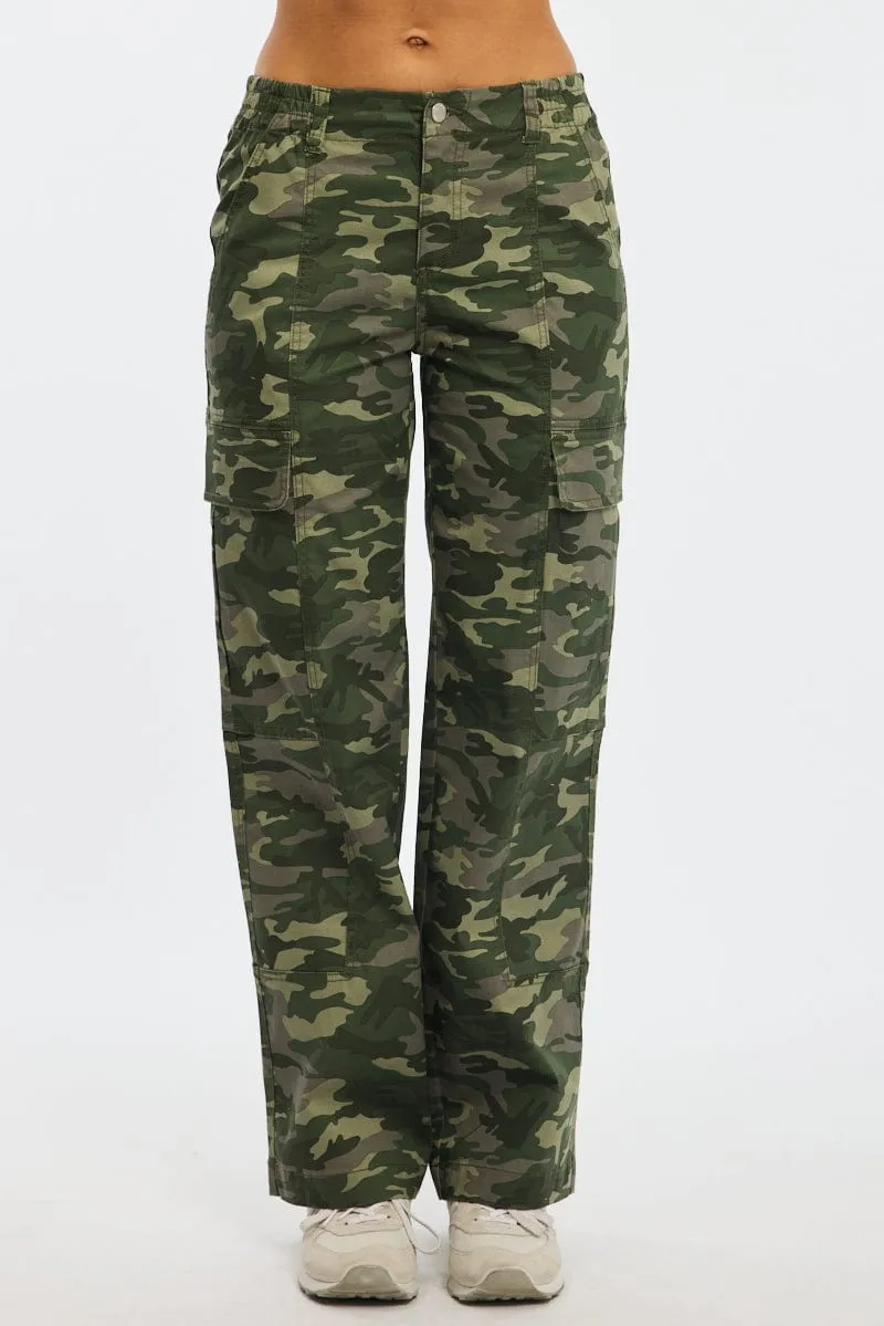 Green Print Cargo Pants Mid Rise Non Slip Waistband Casual Fit