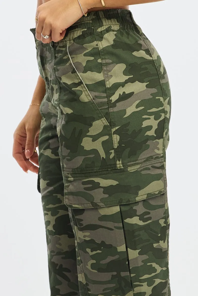 Green Print Cargo Pants Mid Rise Cozy Design