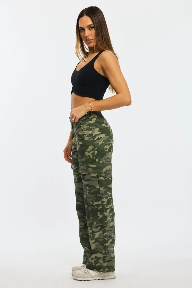 Sporty Design Perfectly Relaxed Green Print Cargo Pants Mid Rise