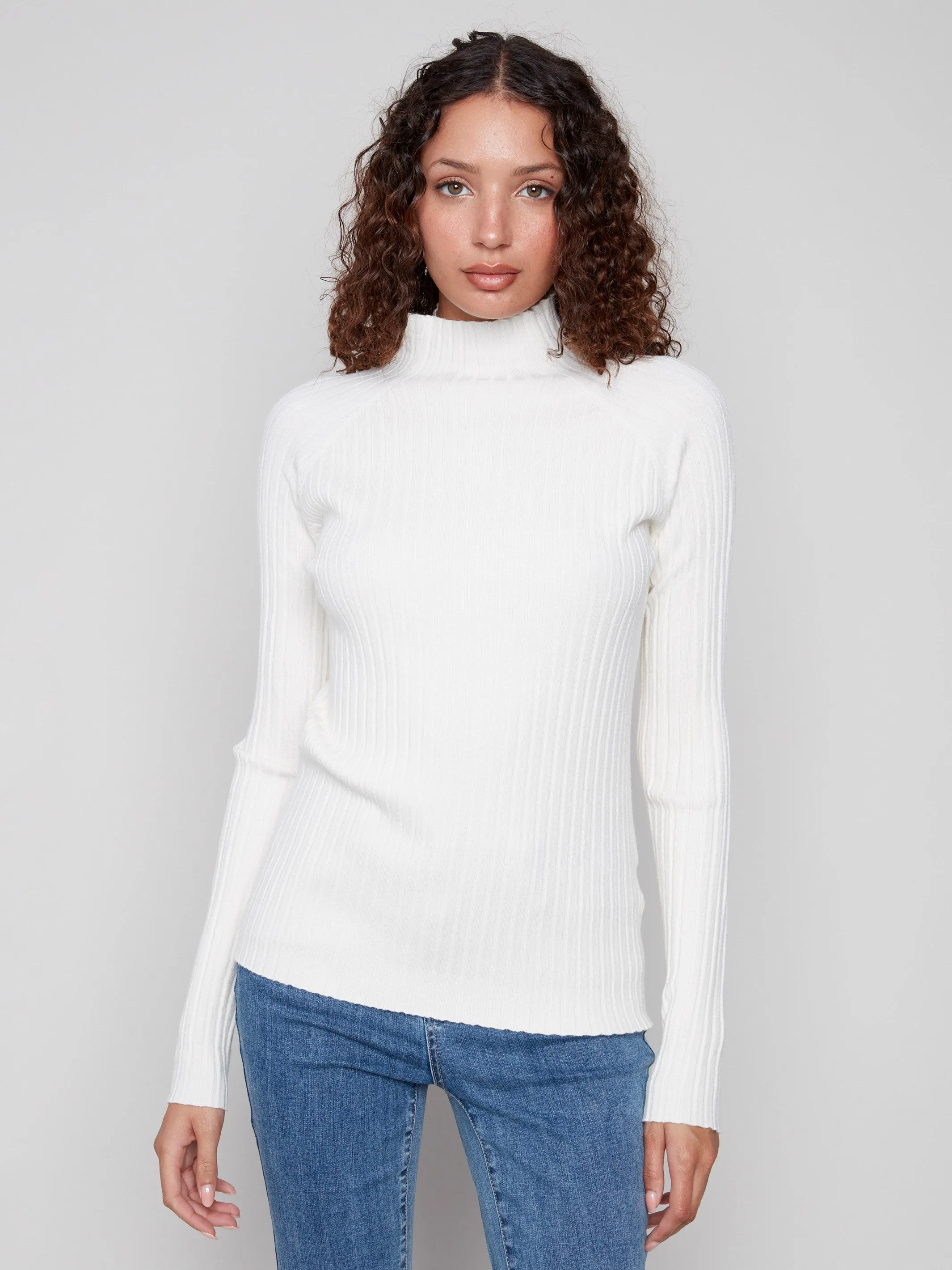 Tactile Grid Knit Ribbed Knit Mock Neck Sweater - Ecru