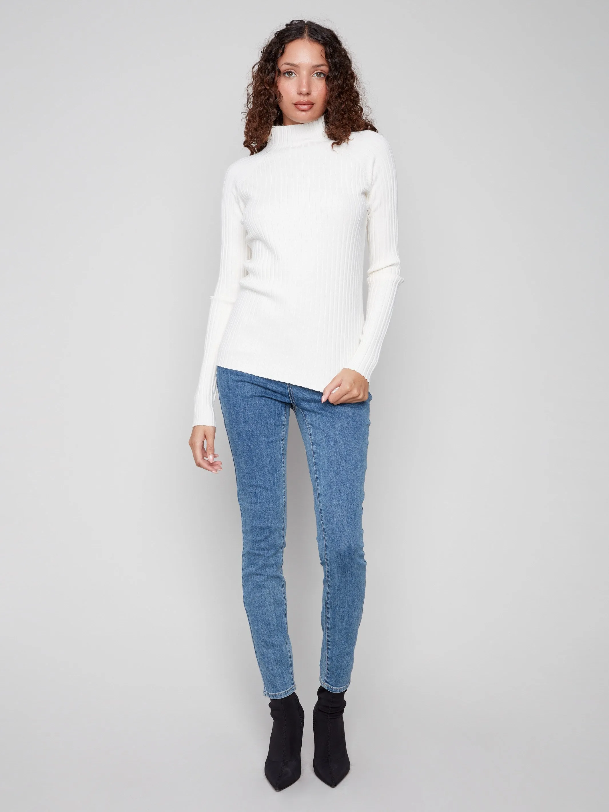 Chic and Warm Ribbed Knit Mock Neck Sweater - Ecru