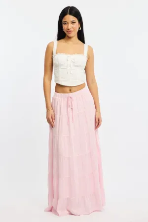 Pink Maxi Skirt Tiered High Rise Linen Blend Clean Style