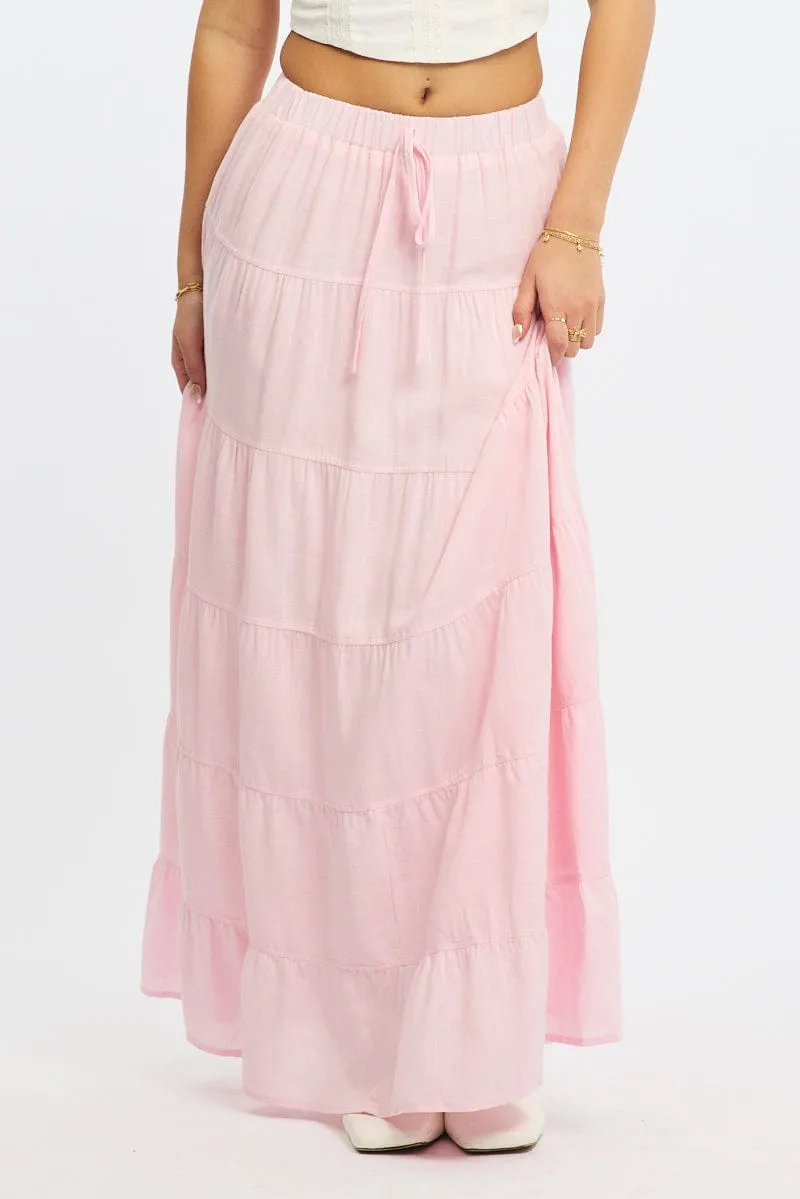 Pink Maxi Skirt Tiered High Rise Linen Blend All Day Comfort
