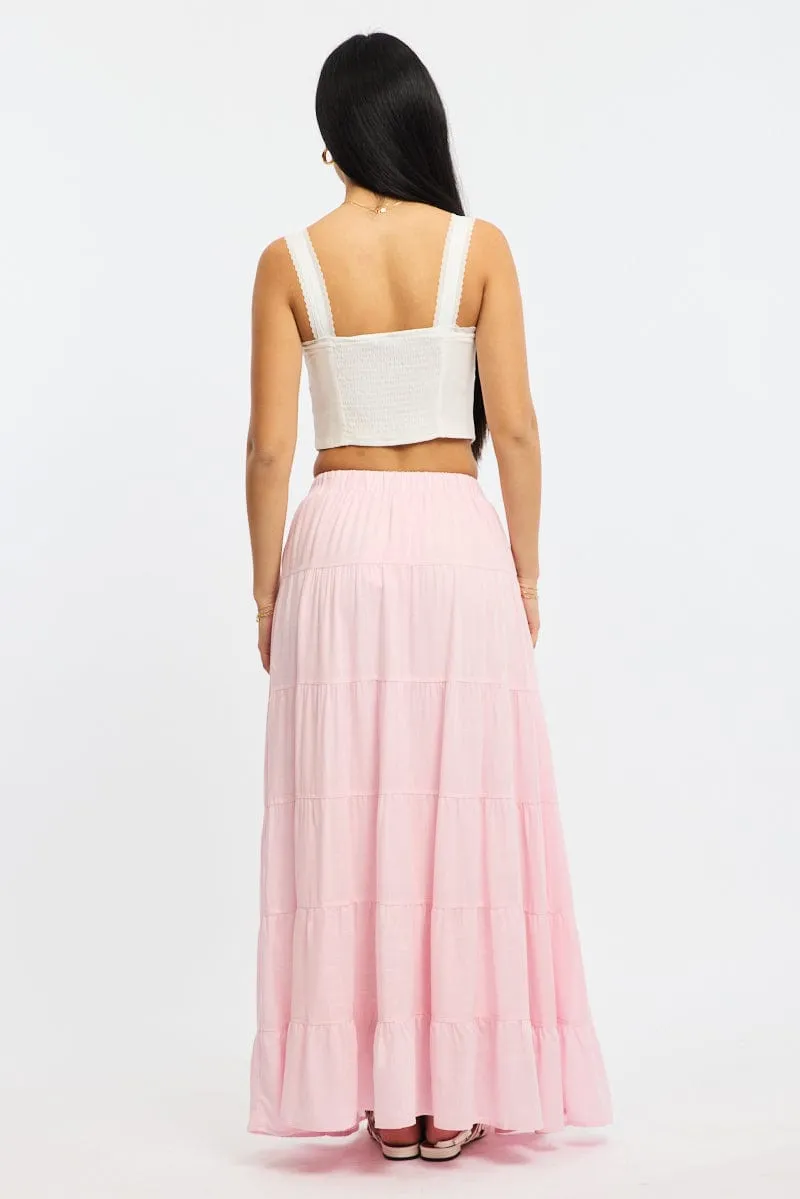 Pink Maxi Skirt Tiered High Rise Linen Blend understated look