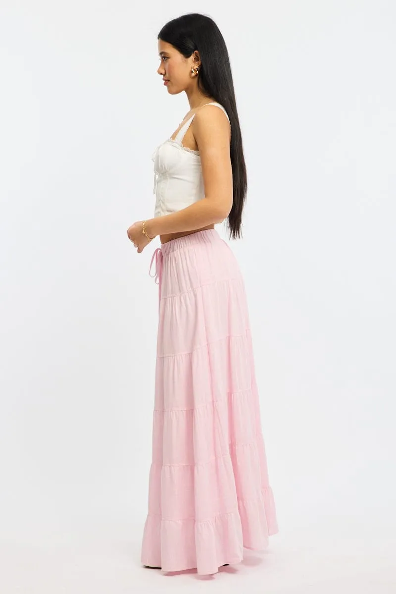 Hemp Blend Seamless Design Pink Maxi Skirt Tiered High Rise Linen Blend