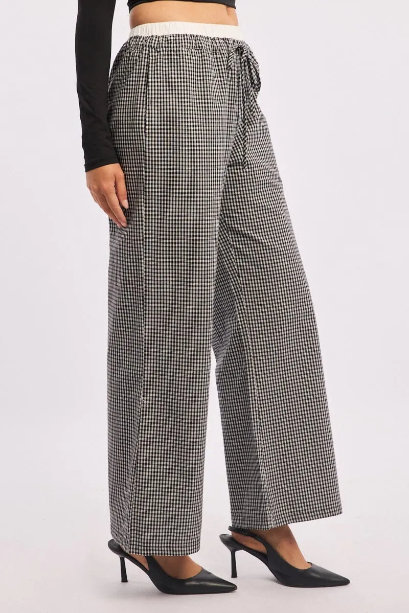 Black Check Wide Leg Pants Contrast Waist Neutral Tone Comfortable Look