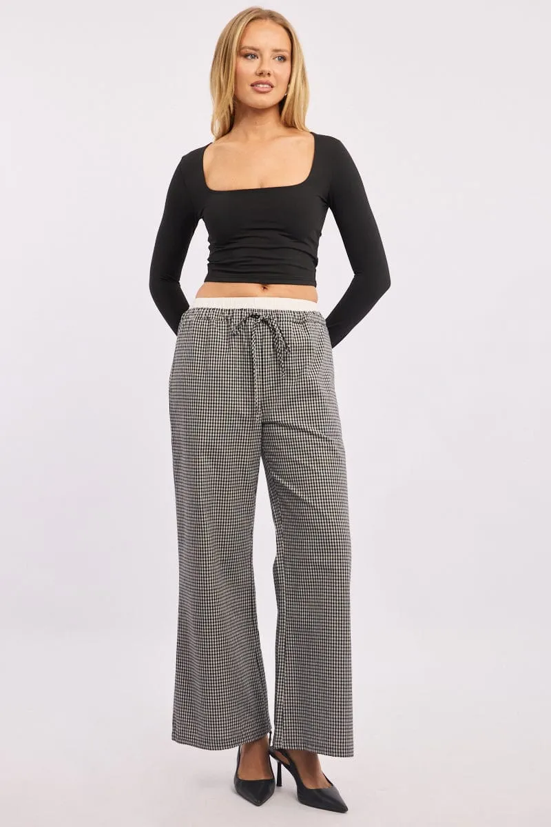 SturdyBeltLoops All weather Black Check Wide Leg Pants Contrast Waist