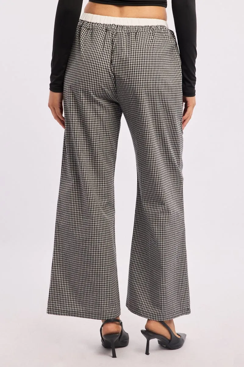 Comfortable Fabric Moisture Wicking Fabric Black Check Wide Leg Pants Contrast Waist
