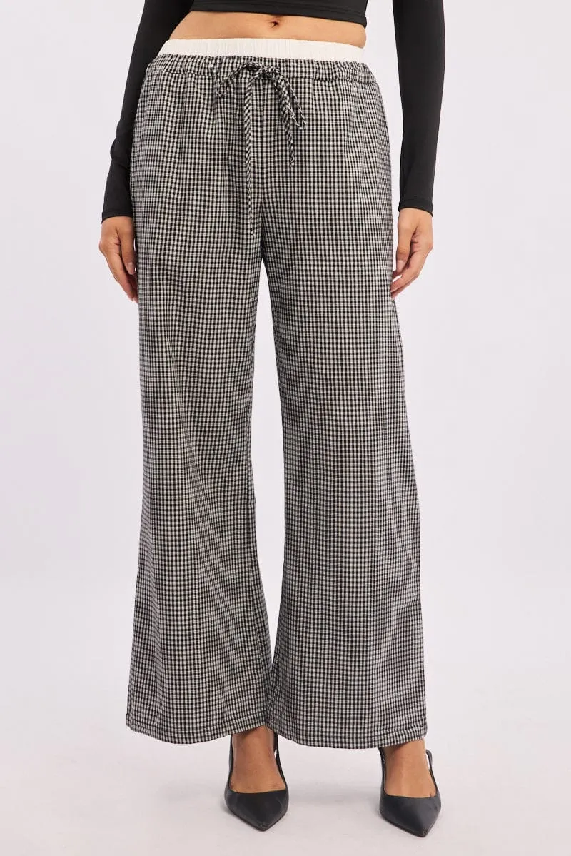 Sporty Look Active Layer Black Check Wide Leg Pants Contrast Waist
