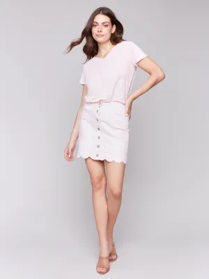 Velvet Finish Lightweight Lining Scalloped Hem Button-Front Twill Skort - Petal