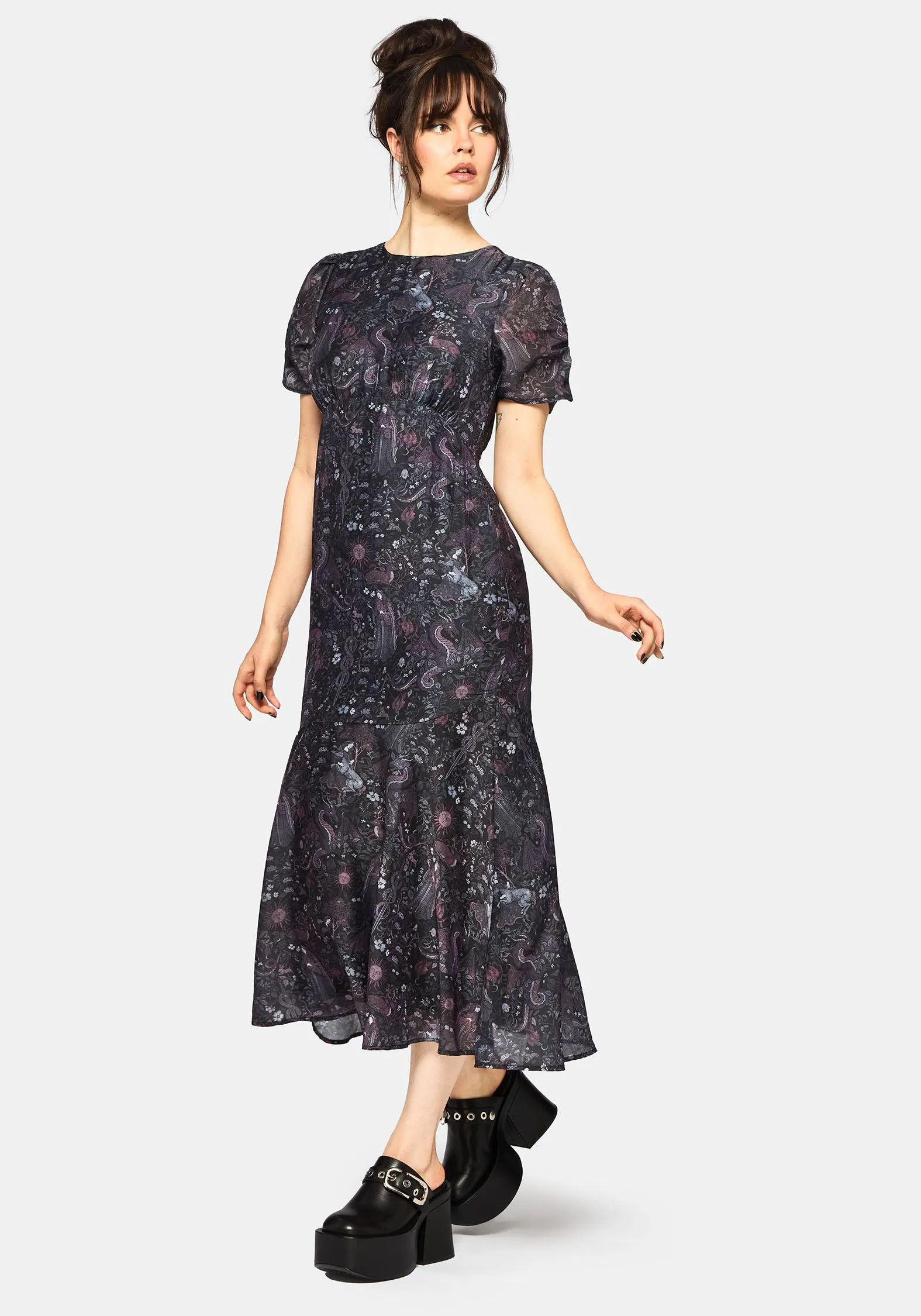 Haunt Medieval Print Chiffon Maxi Dress Bronze Tone Opal Glow