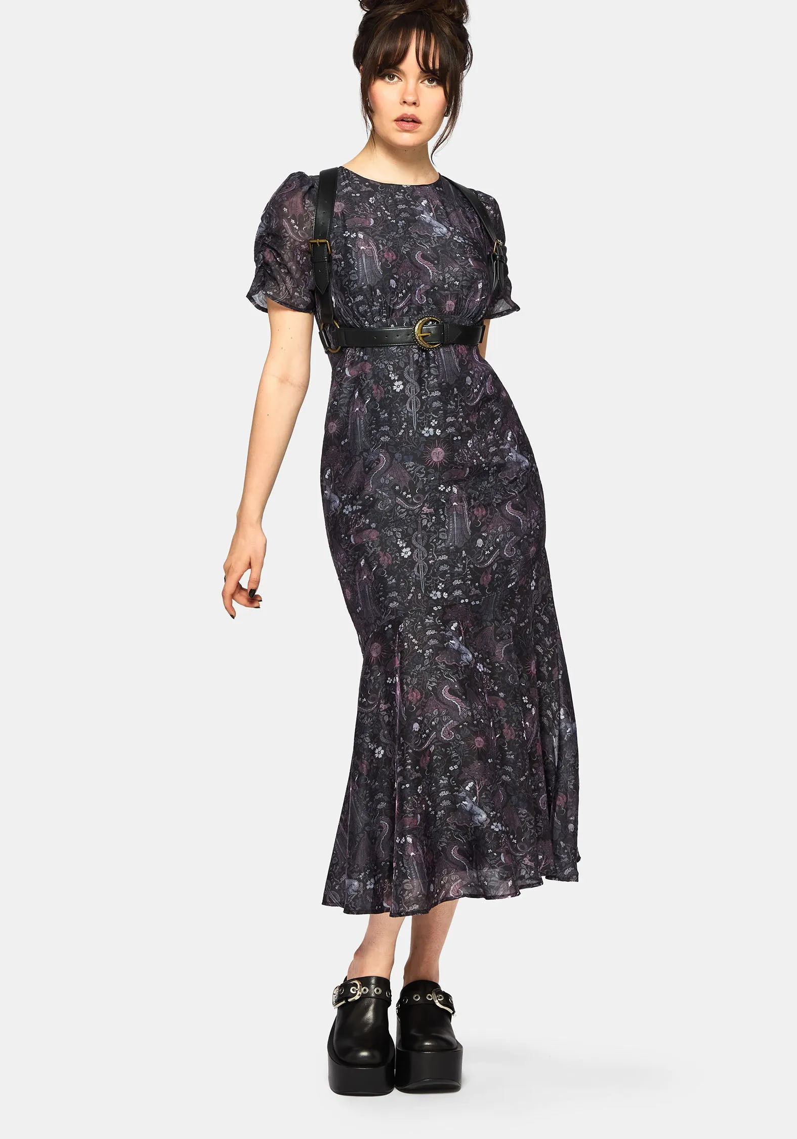 Haunt Medieval Print Chiffon Maxi Dress Flowing chiffon dress Inner peace