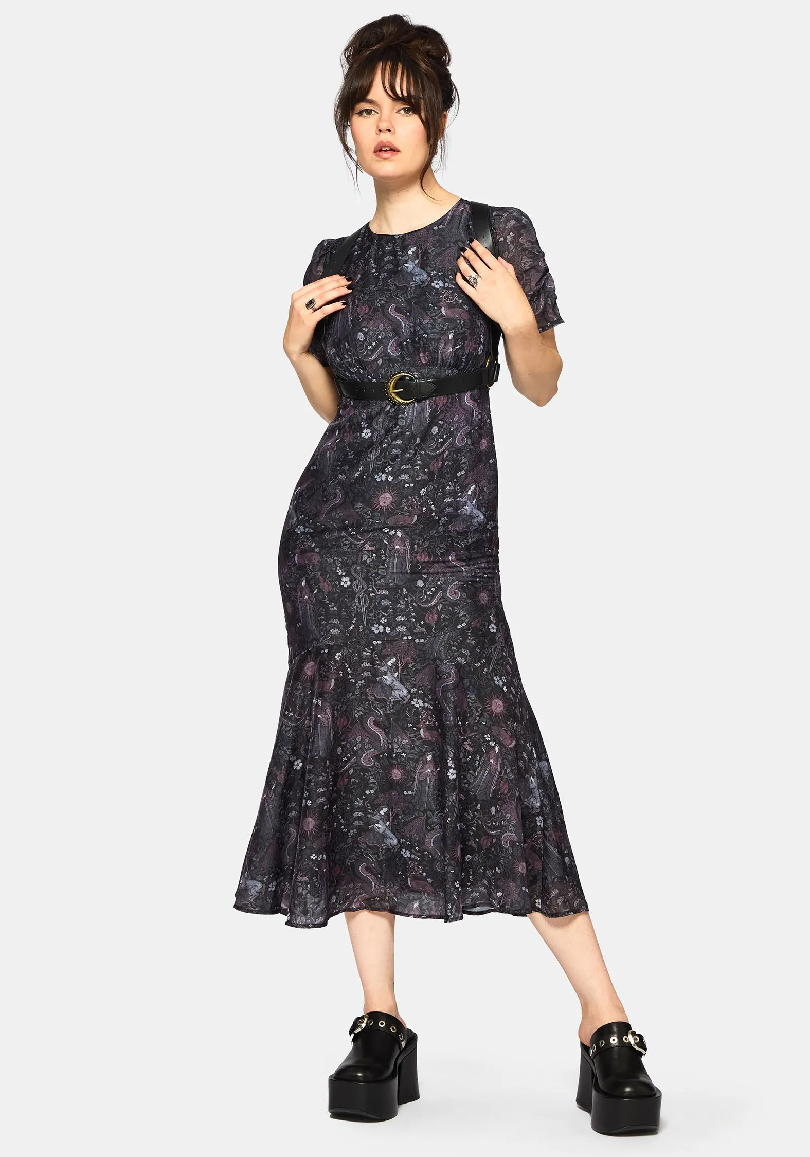 This maxi dress is perfect for creating a chic and polished look without trying too hard Haunt Medieval Print Chiffon Maxi Dress