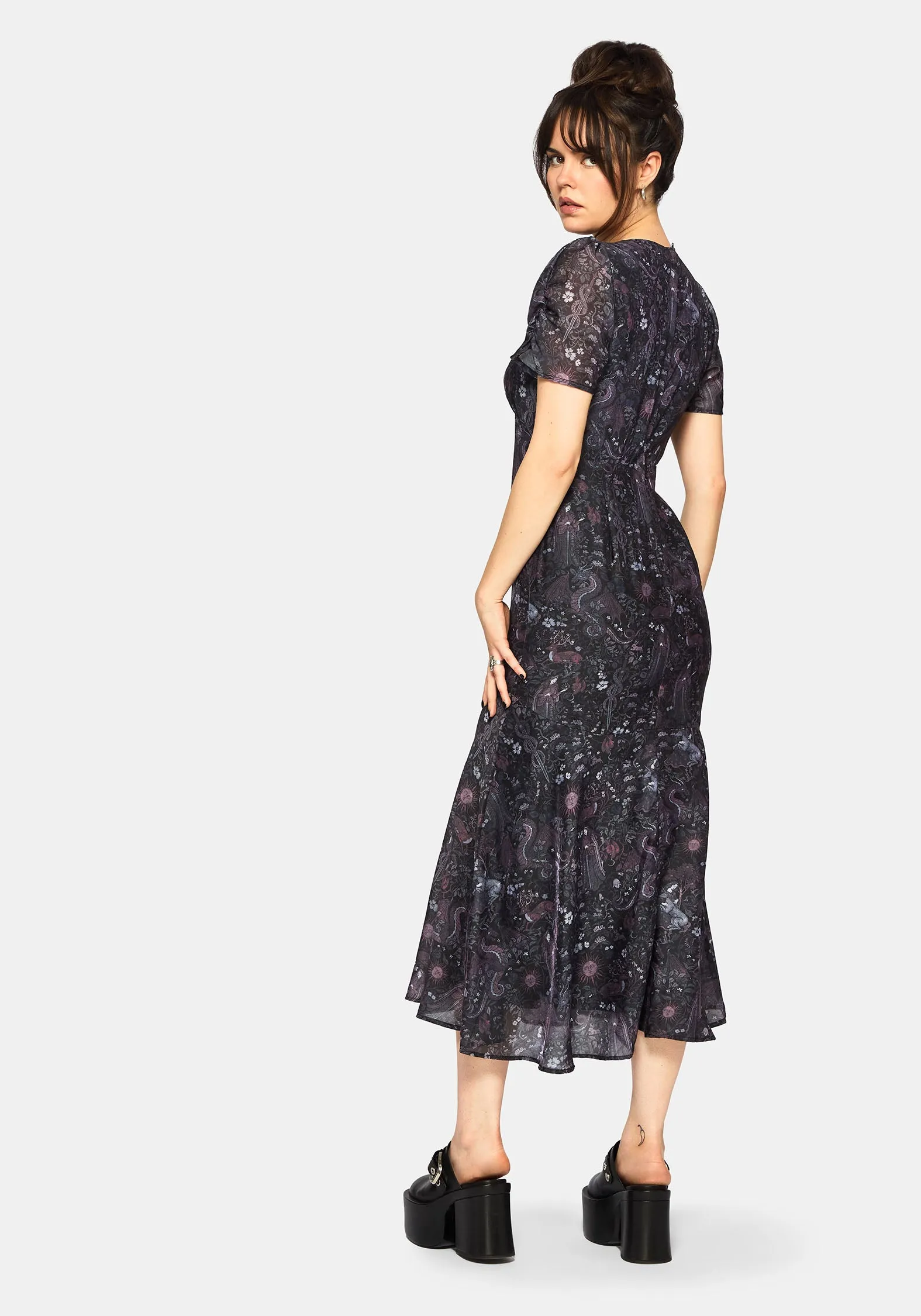 Haunt Medieval Print Chiffon Maxi Dress Glass Hall