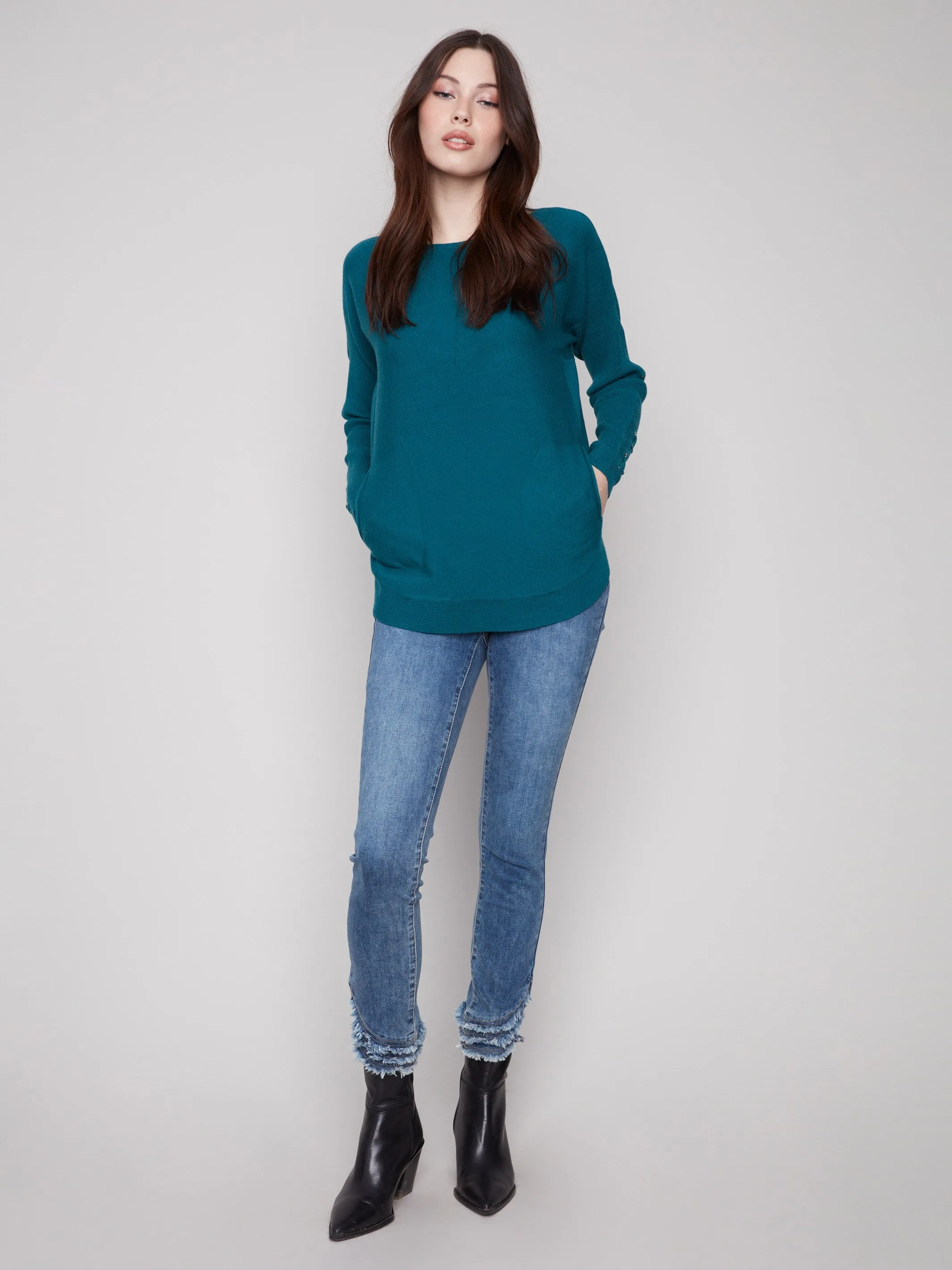 Knit Sweater With Lace-Up Cuffs - Evergreen Flexible Drop Shoulder