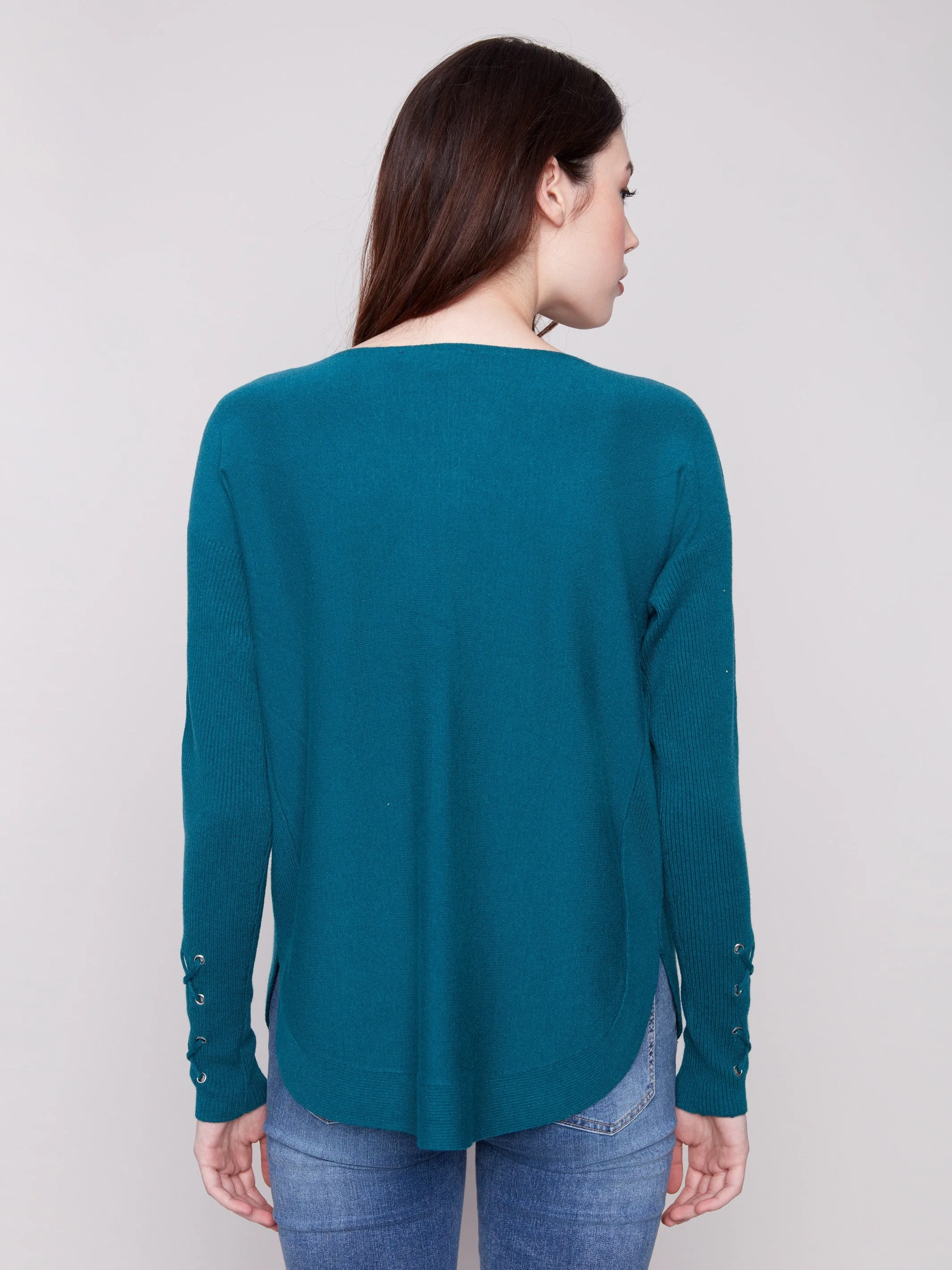 Knit Sweater With Lace-Up Cuffs - Evergreen Zero Pilling Guarantee