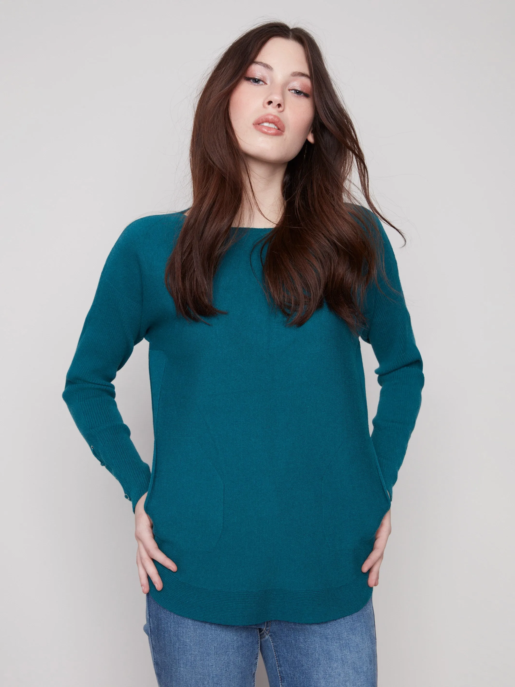 Knit Sweater With Lace-Up Cuffs - Evergreen Timeless Layering Non Restrictive Fit