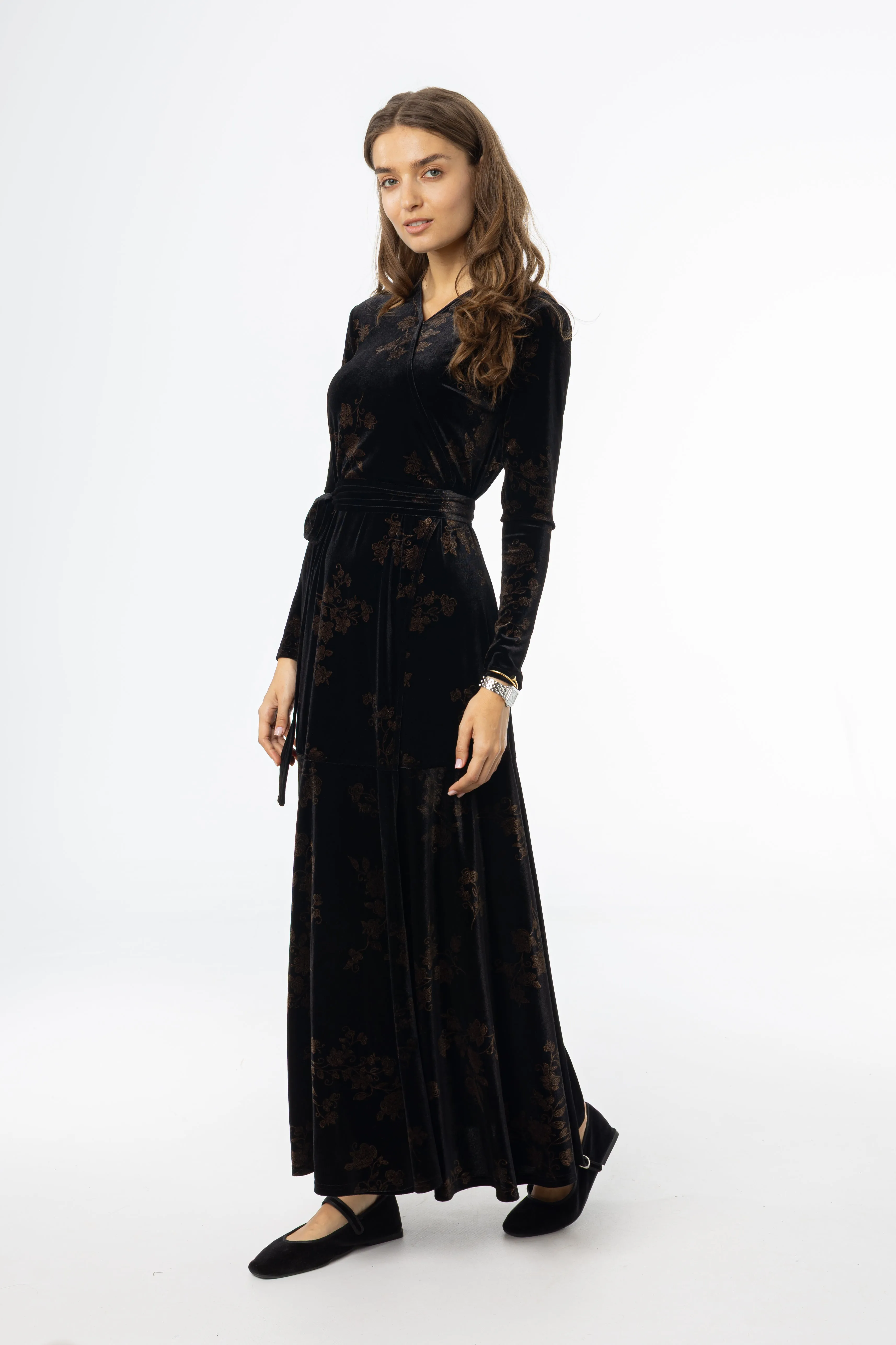 Boho Free Black & Brown Printed Velour Wrap Dress