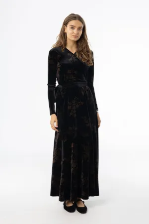 WaterRepellentCoating Stretch Fabric Black & Brown Printed Velour Wrap Dress