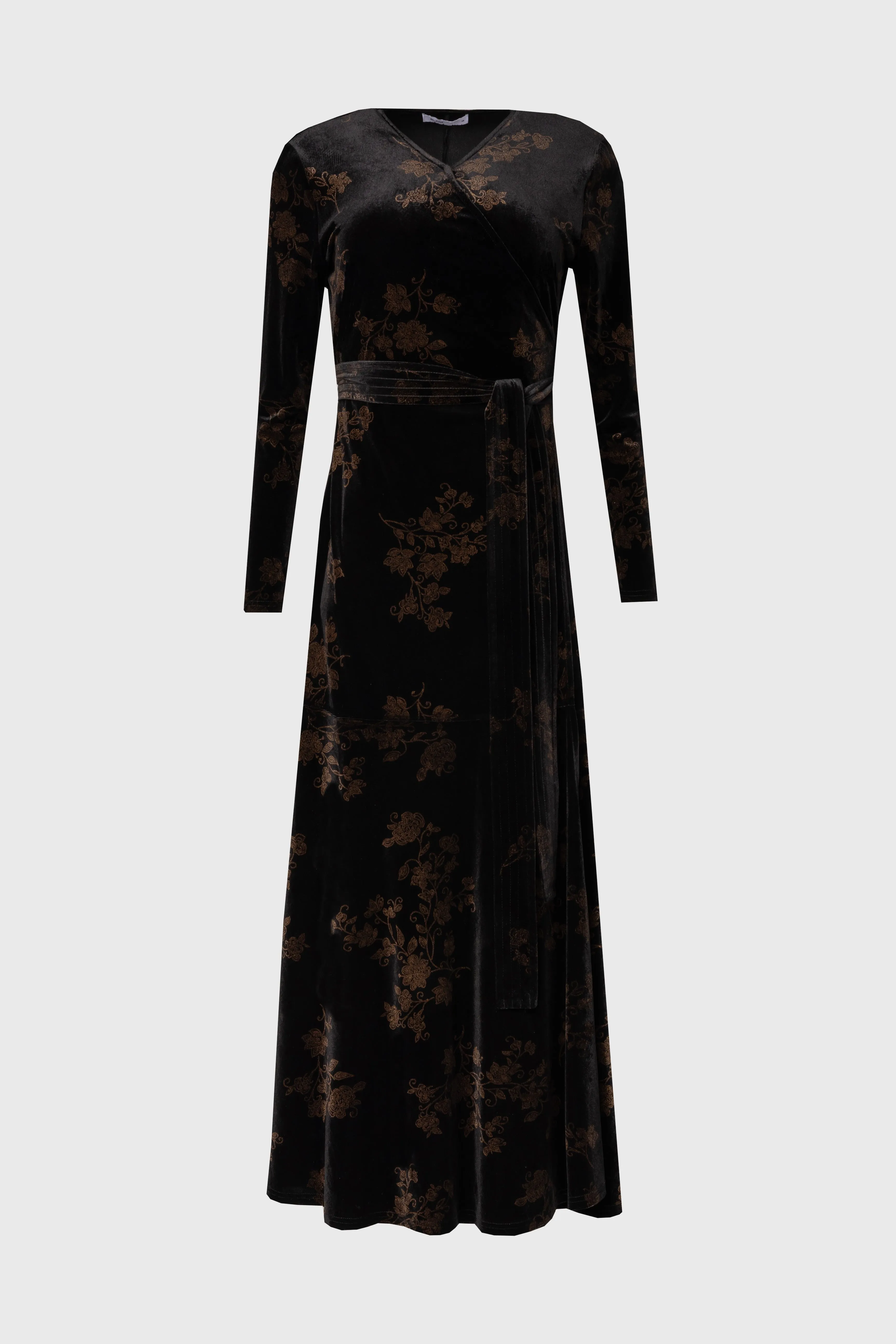 Layering Piece Magnetic Closure Black & Brown Printed Velour Wrap Dress