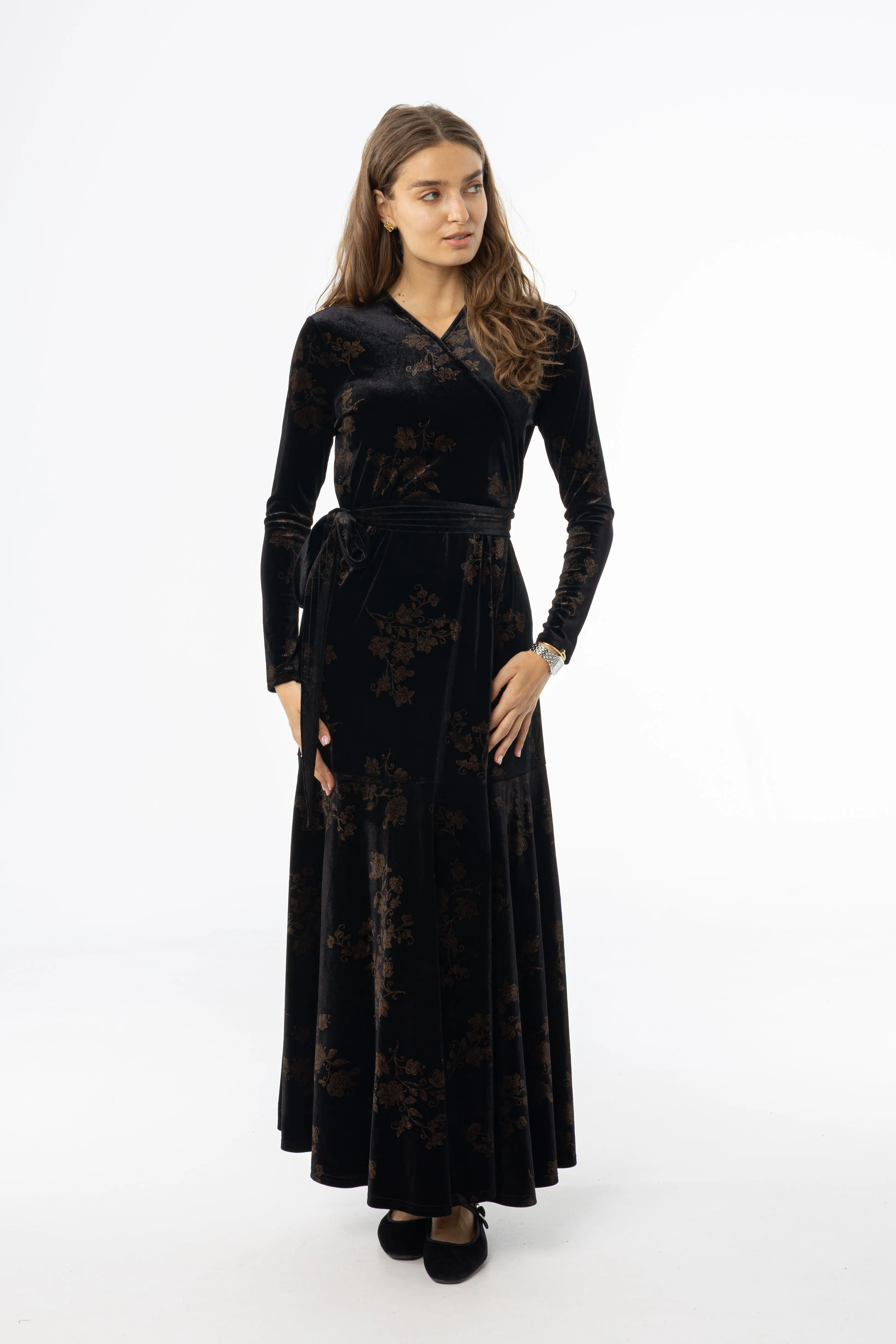Vintage Style french chic Black & Brown Printed Velour Wrap Dress