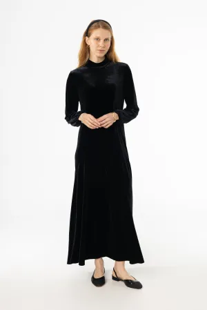 Trust Glow Black Flared Hem Velvet Maxi Dress