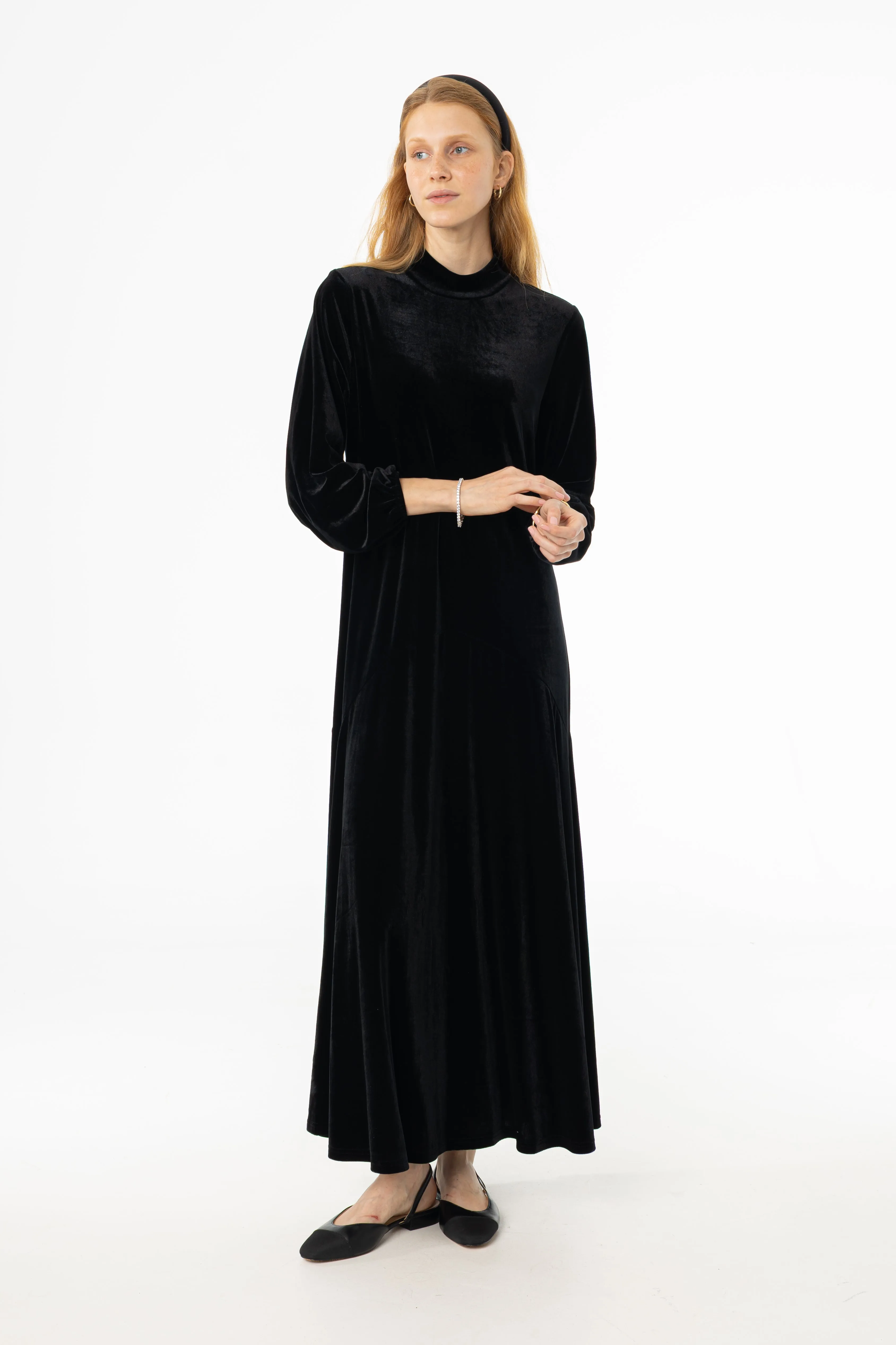 LayeredConstruction Black Flared Hem Velvet Maxi Dress