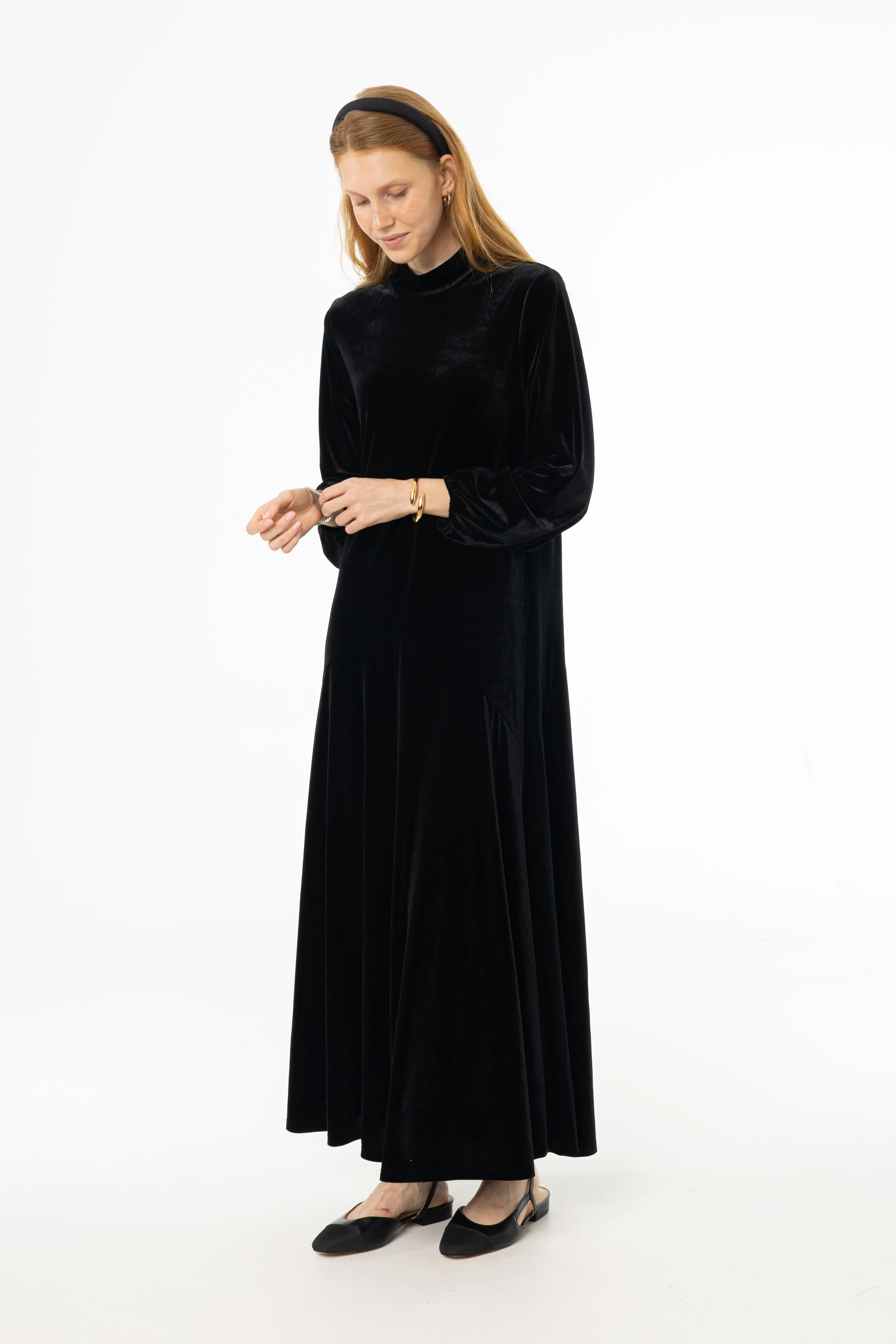 Black Flared Hem Velvet Maxi Dress Comfortable Shoes
