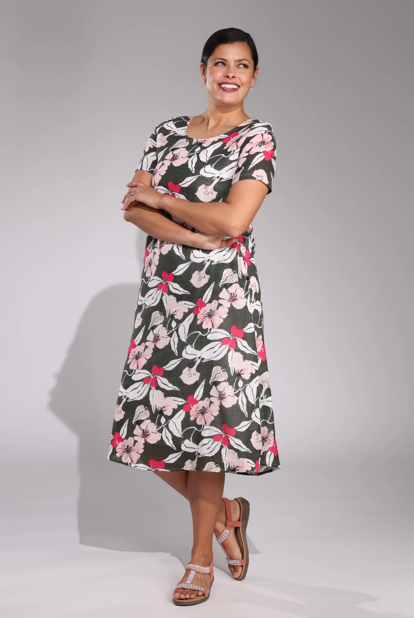 Floral Summer Dress | Olive Berry Leaf | 6274C1 WaterRepellent Finish