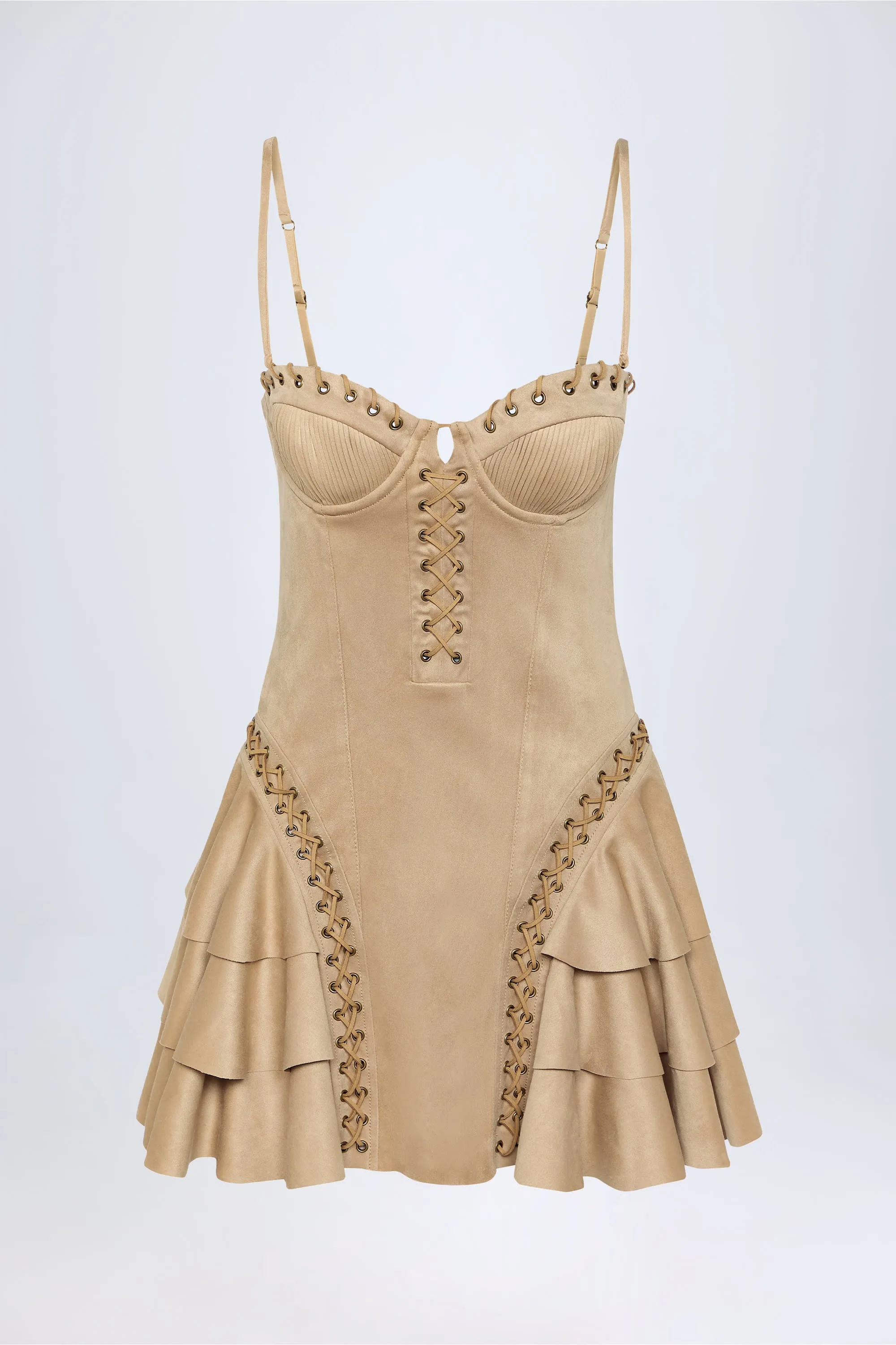 Lace-Up Tiered Corset Mini Dress in Tan Shine Rush Stylish mini for brunch