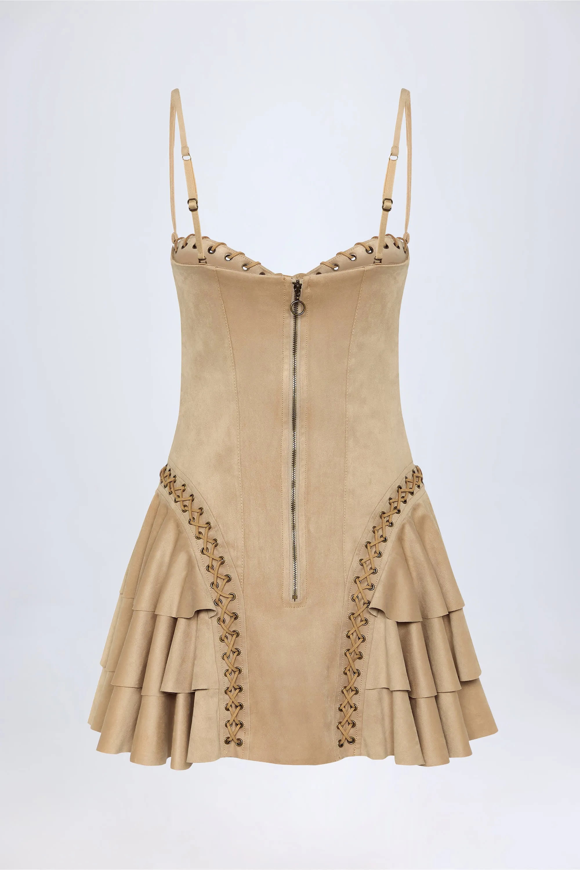 Hot Rush Lace-Up Tiered Corset Mini Dress in Tan