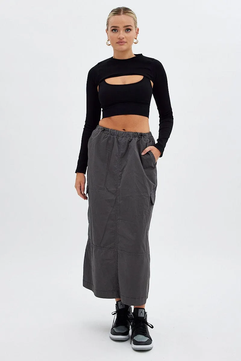 Grey Maxi Skirt Low Rise Cargo Parachute Classic Comfort Moisture wicking