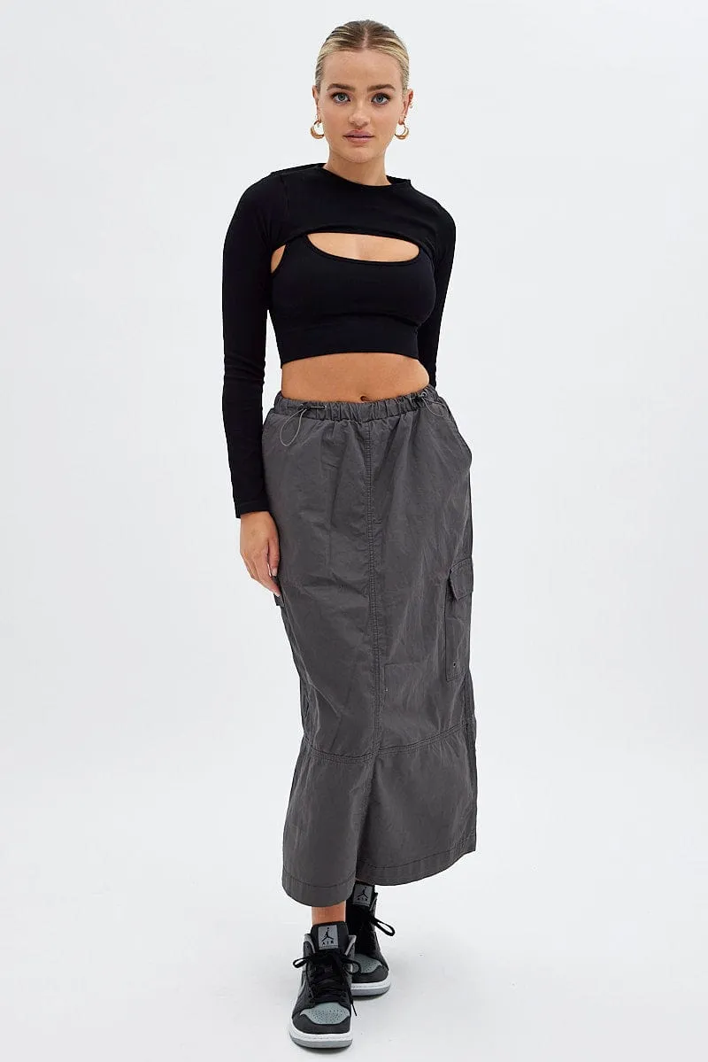 Pastel tone Grey Maxi Skirt Low Rise Cargo Parachute