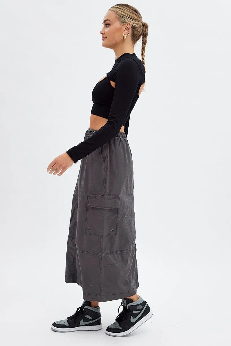 Grey Maxi Skirt Low Rise Cargo Parachute Evening Outing