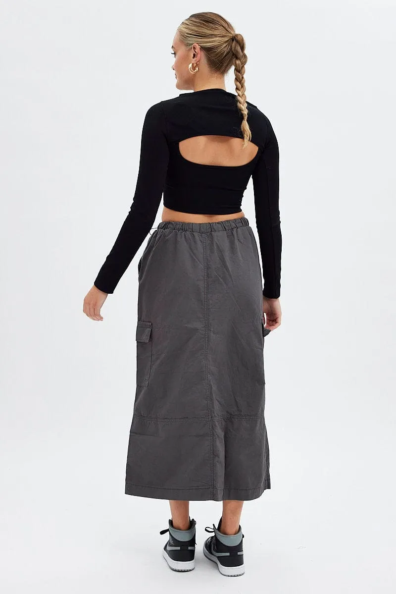 Grey Maxi Skirt Low Rise Cargo Parachute Modern Luxe