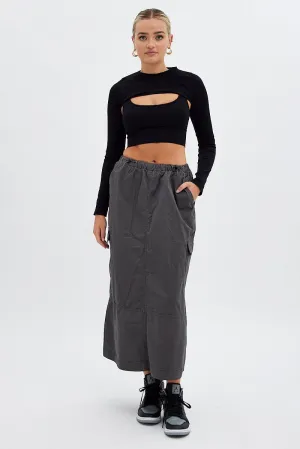 Grey Maxi Skirt Low Rise Cargo Parachute Classic Comfort Moisture wicking