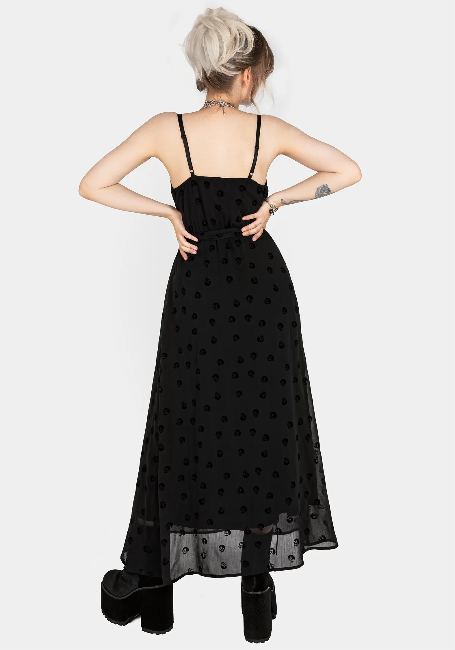 The lightweight fabric of this dress ensures it is breathable and comfortable in any weather The versatile design of this maxi dress allows for easy styling with a variety of accessories Bones Flocked Chiffon Maxi Cami Dress