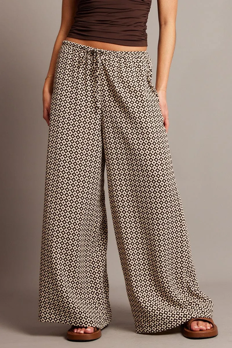 Durable Seam Construction All Day Use Brown Geo Wide Leg Pants High Rise