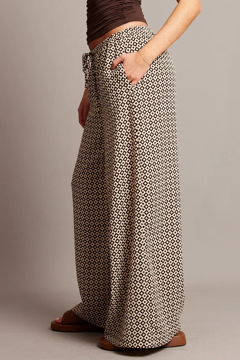 Brown Geo Wide Leg Pants High Rise AdjustableDrawstring