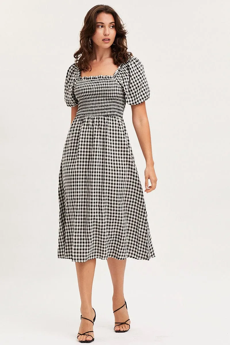 Check Midi Dress Short Sleeve Square Neck Tower Look Taxi Line
