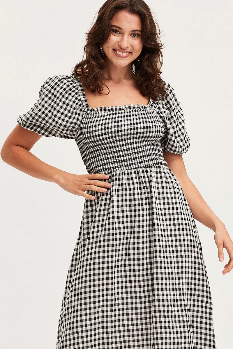 Daywear Option Check Midi Dress Short Sleeve Square Neck