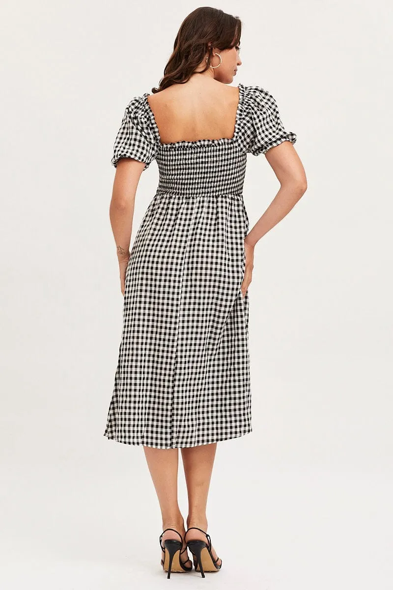 Style Easy Check Midi Dress Short Sleeve Square Neck