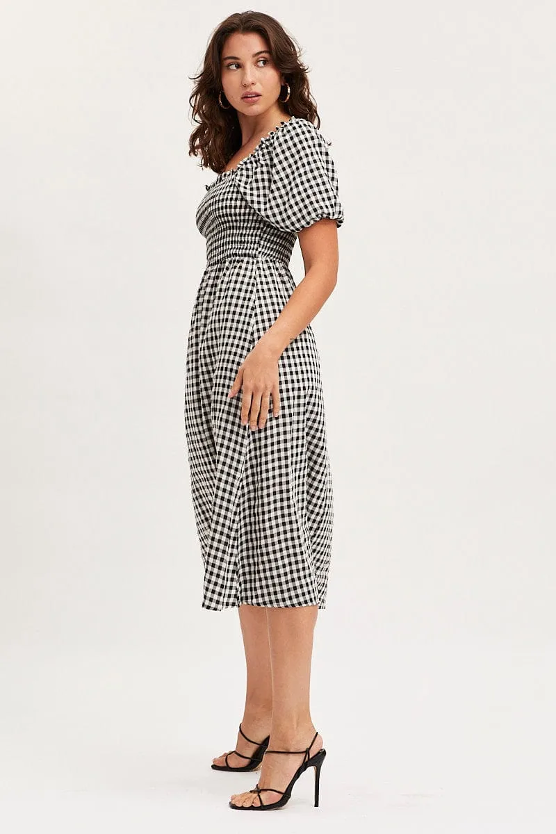 Check Midi Dress Short Sleeve Square Neck Beach Path