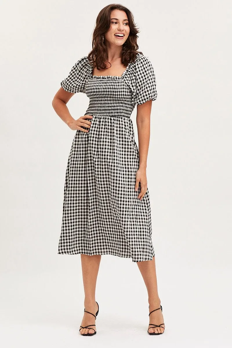 Check Midi Dress Short Sleeve Square Neck chic aesthetic
