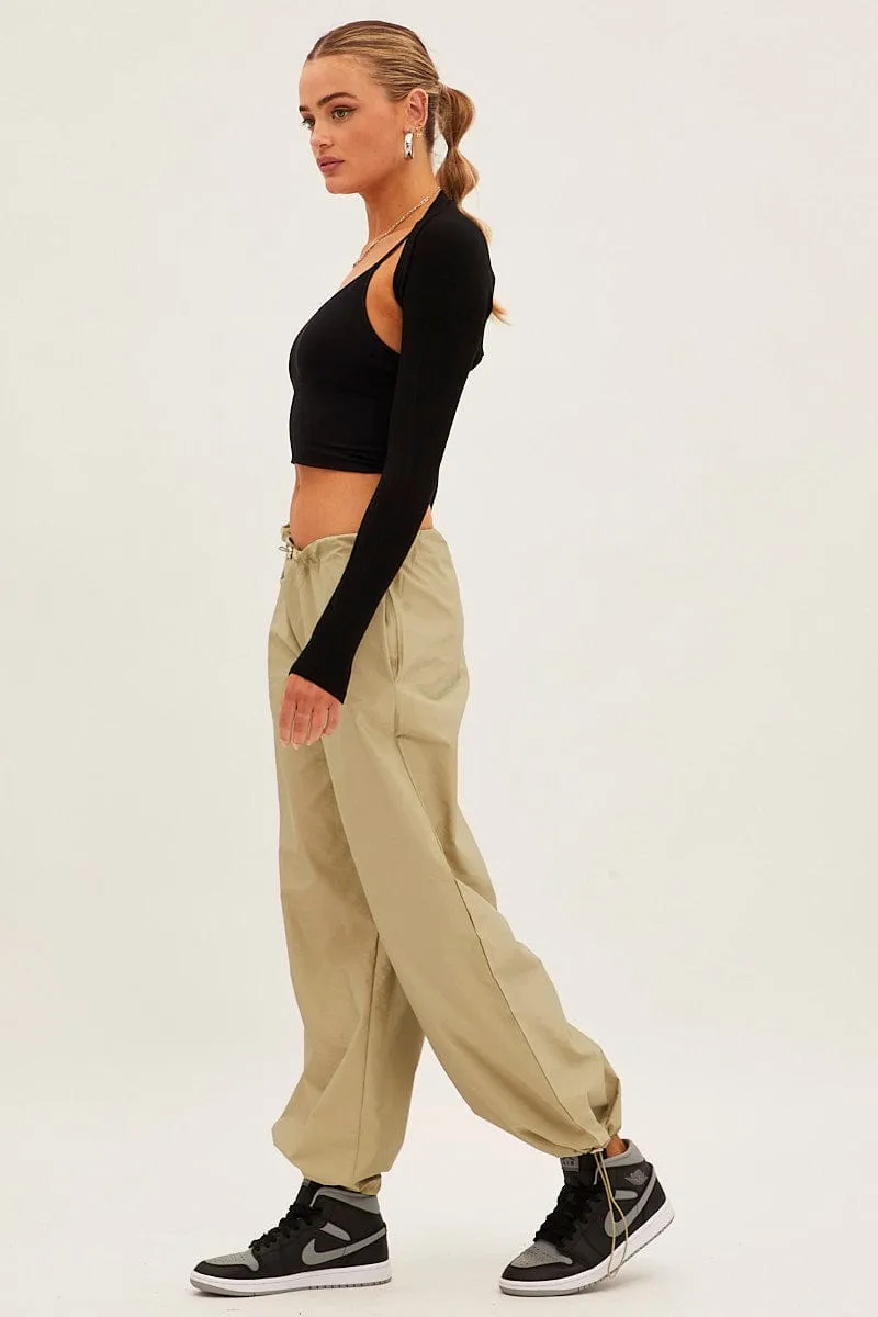 Green Cargo Parachute Pants Comfy Stretch Street Utility
